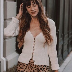 Musier Paris Carlotta Pearl Button Cardigan White Scoop Neck Long Sleeve Sweater